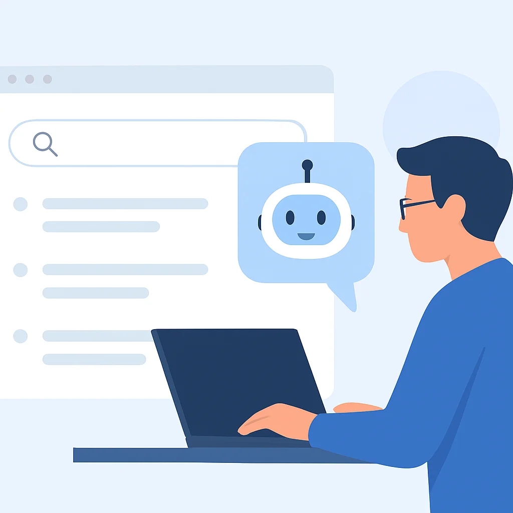 Interface futurista de motor de busca com assistente de IA fornecendo resultados de pesquisa personalizados a um desenvolvedor