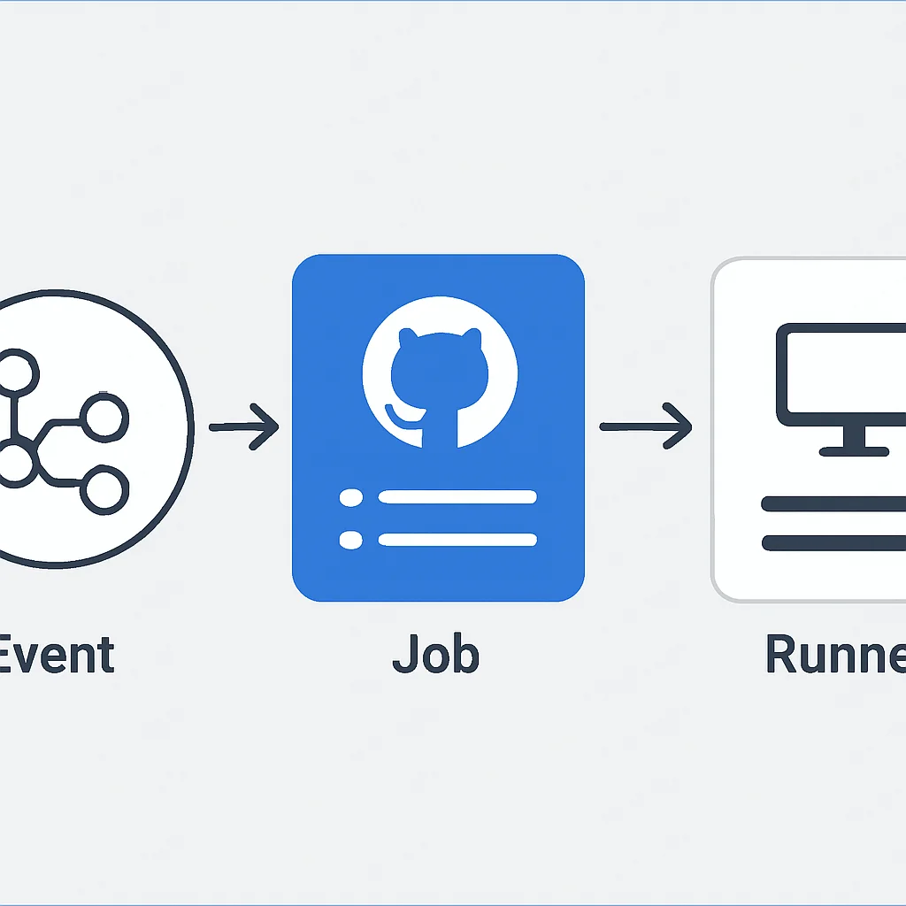 Diagrama de workflow do GitHub Actions mostrando eventos acionando jobs, jobs em runners e steps executando ações e scripts