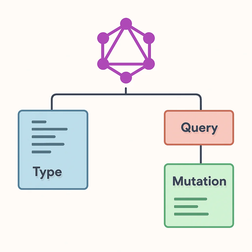Ilustração de schema GraphQL mostrando tipos, queries e mutations