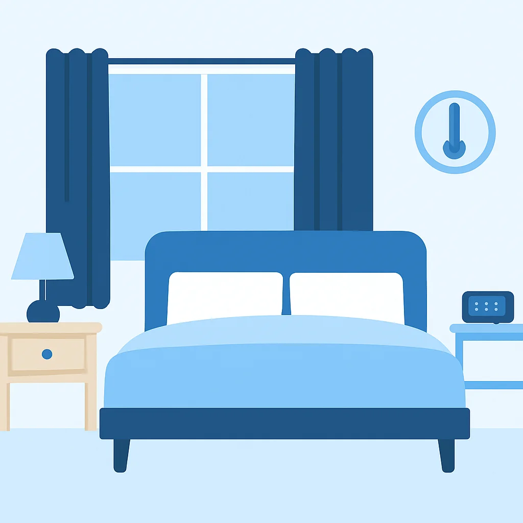 Ilustração de um quarto perfeitamente otimizado para o sono, com cortinas blackout, ambiente silencioso, temperatura fresca, cama confortável e eletrônicos mínimos