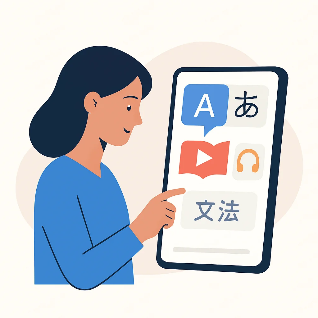 Ilustração de uma pessoa usando um aplicativo de aprendizado de idiomas em um telefone/tablet, demonstrando diferentes estilos de aprendizado