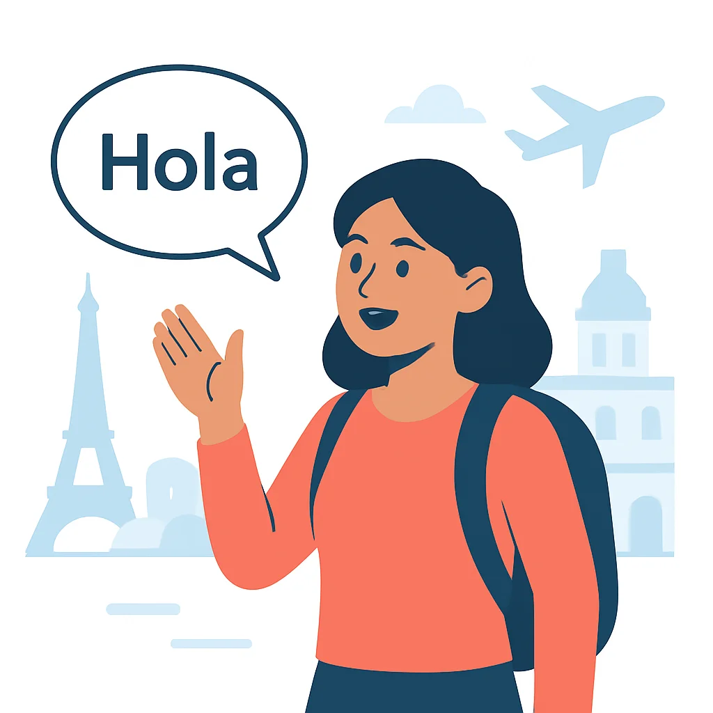 Ilustração de alguém alcançando a fluência, possivelmente viajando ou falando com confiança em um país estrangeiro
