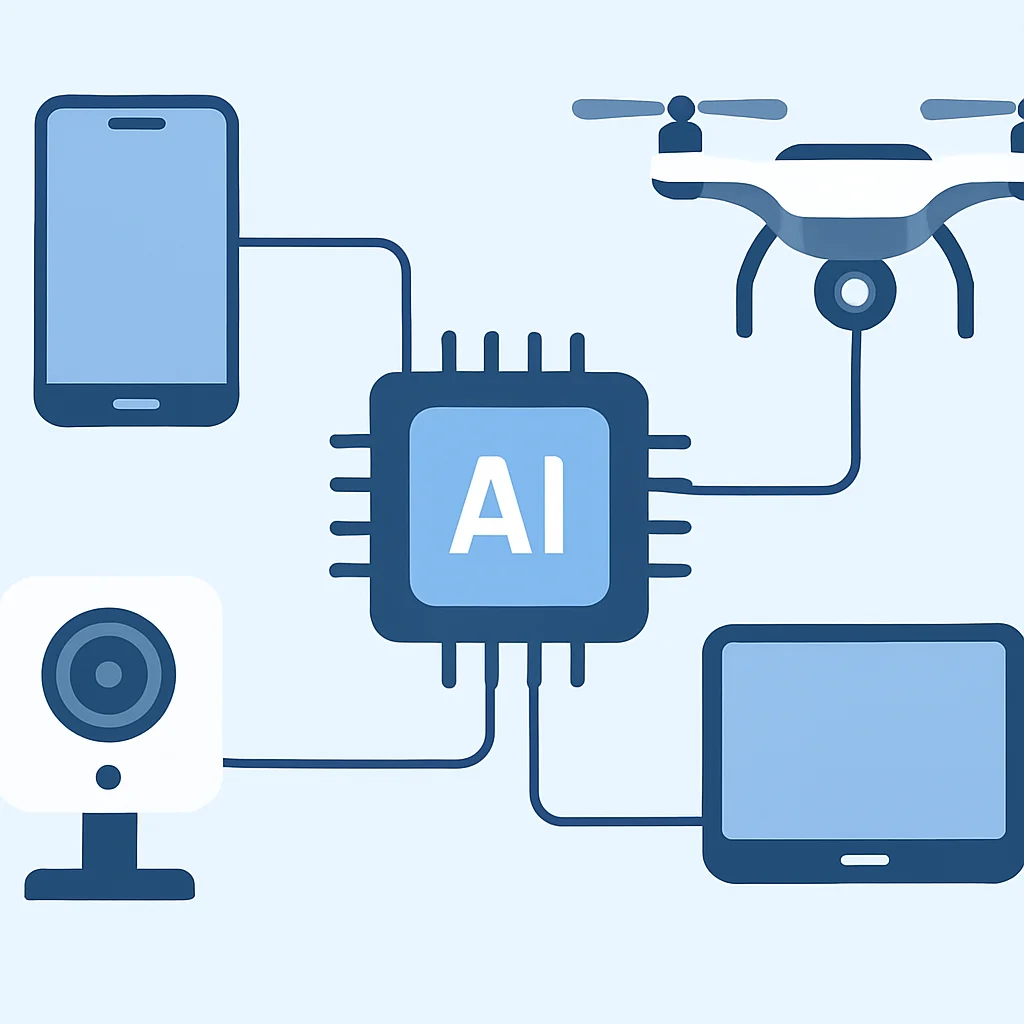 Ilustração de vários dispositivos de IA de borda (smartphones, drones, câmeras inteligentes) conectados a um chip acelerador de IA de borda