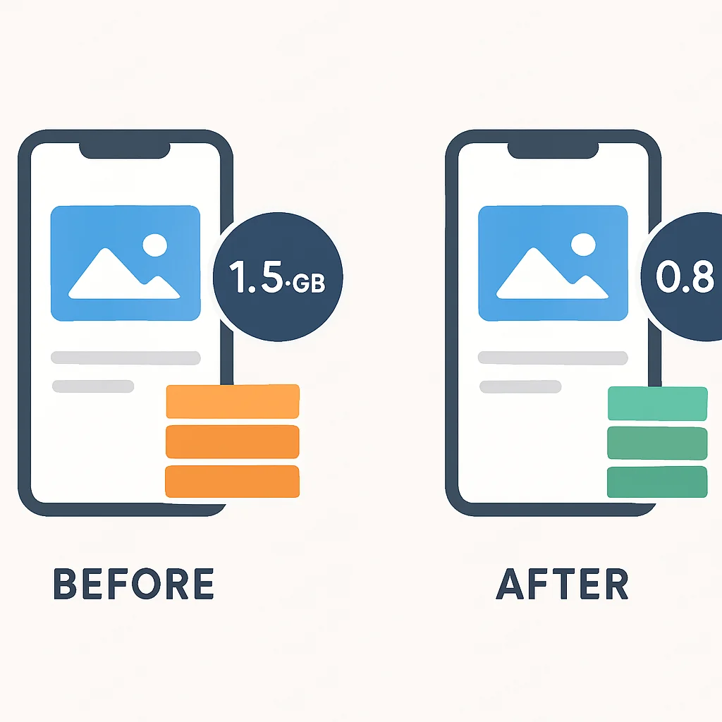 Infográfico comparando o uso de memória antes e depois da otimização de imagens em um app mobile