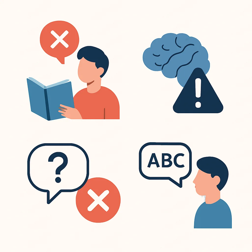 Infográfico mostrando erros comuns no aprendizado de idiomas e como evitá-los