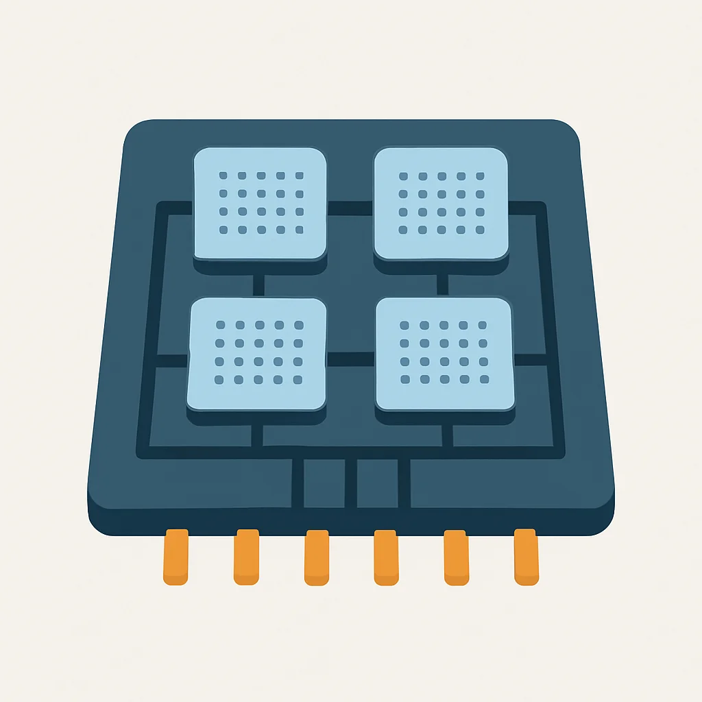 Diagrama esquemático de uma arquitetura de chiplet mostrando múltiplos chips menores interconectados em um único encapsulamento