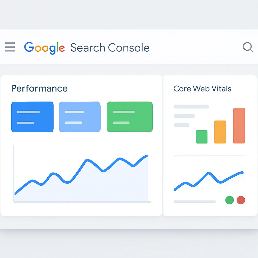 Captura de tela do painel do Google Search Console exibindo dados de desempenho e relatório de Core Web Vitals