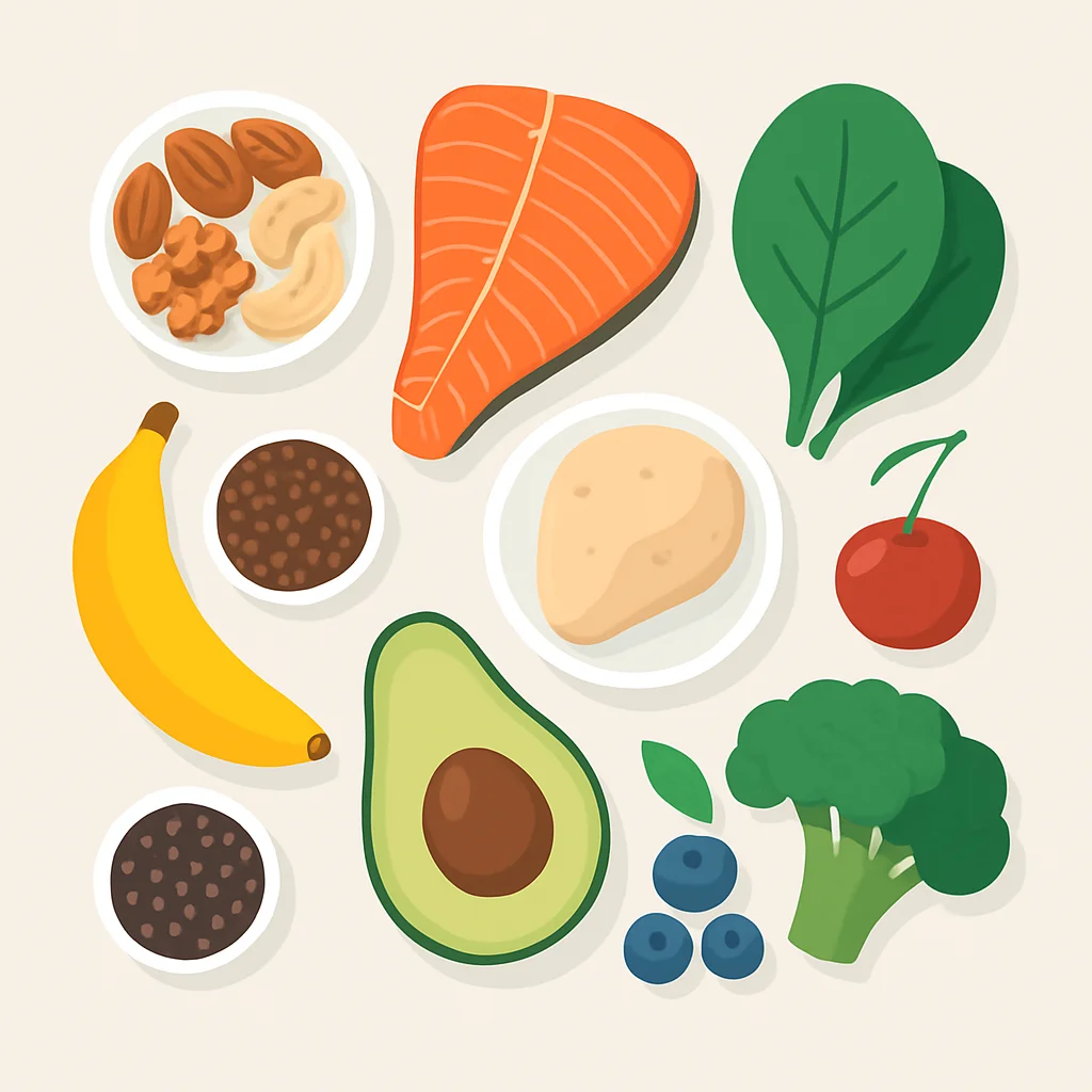 Variedade de alimentos saudáveis conhecidos por promover um sono melhor, como nozes, sementes, proteína magra, frutas e vegetais dispostos esteticamente