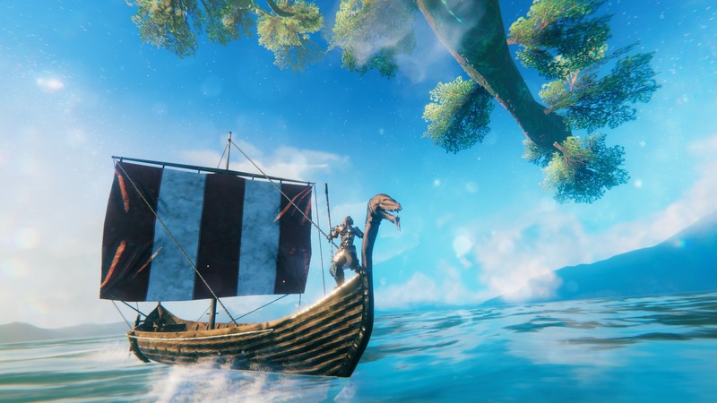 Grupo de vikings construindo uma base perto de um navio em um bioma florestal