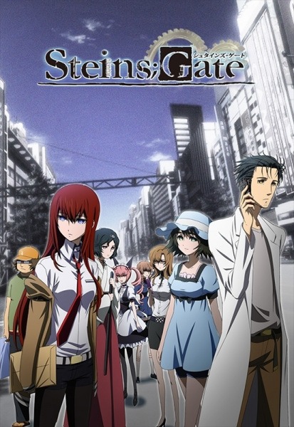 Rintarou Okabe, Kurisu Makise, e Mayuri Shiina em Akihabara, com elementos de ficção científica