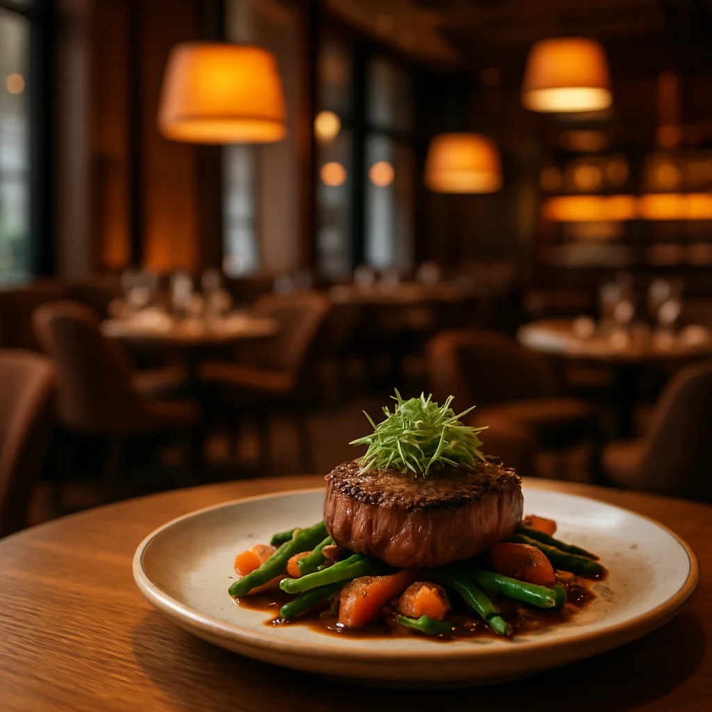 Interior de restaurante moderno com iluminação quente e assentos confortáveis