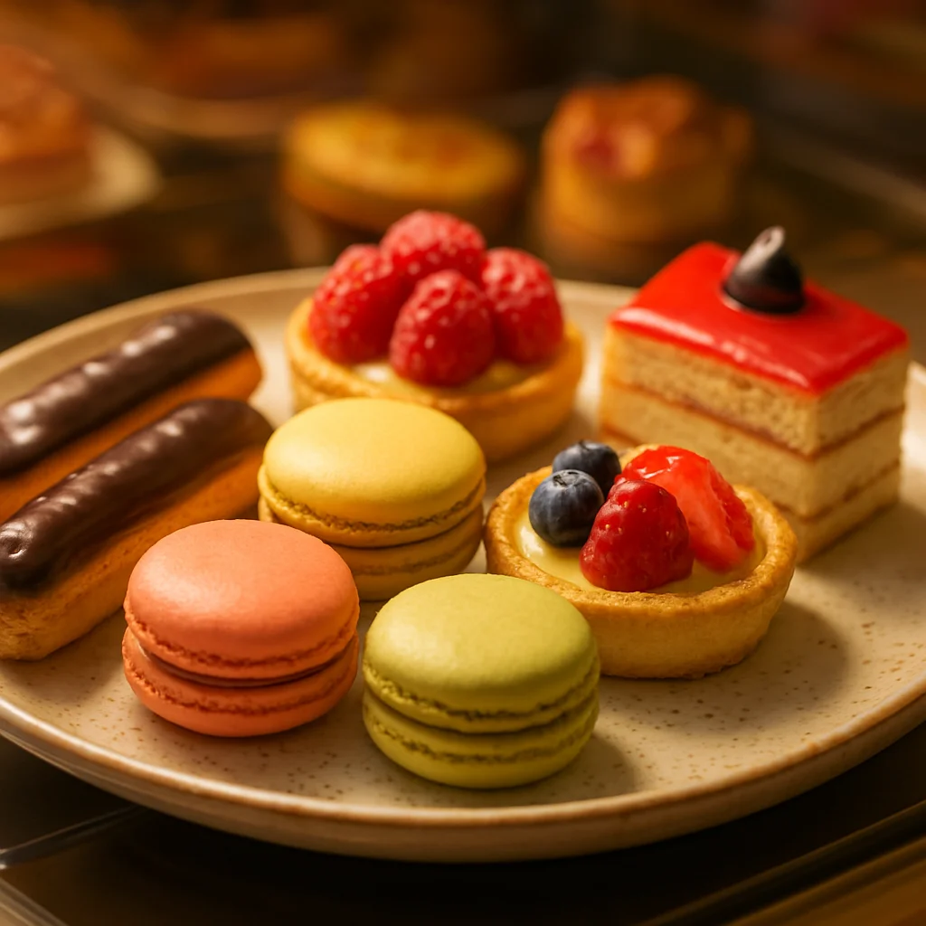 Variedade de doces franceses coloridos em uma vitrine