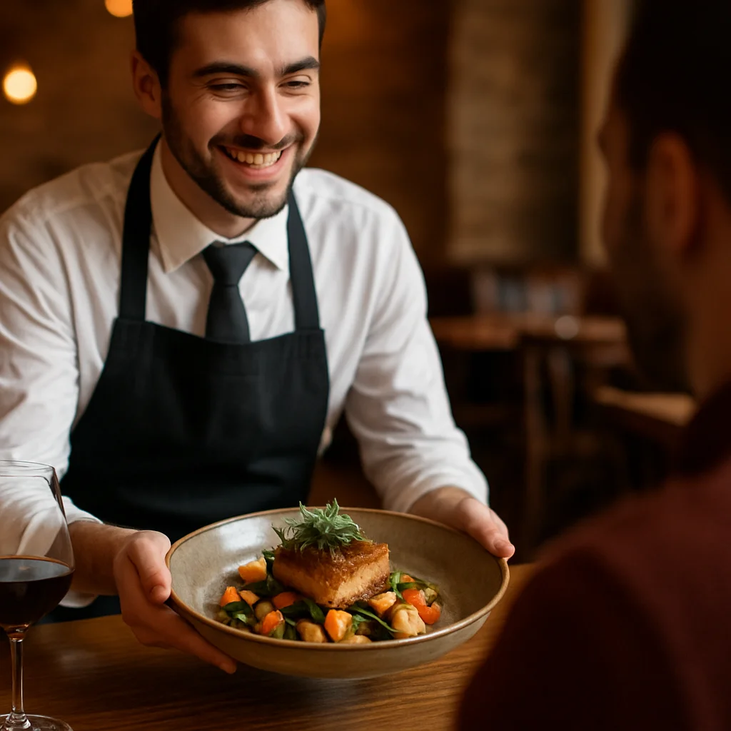 Garçom simpático servindo um prato a um cliente em um restaurante