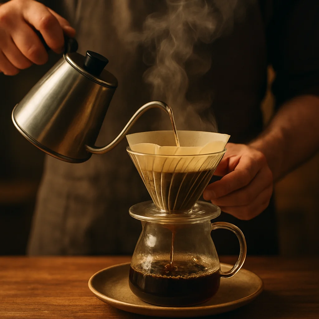 Barista preparando um café V60 com vapor subindo