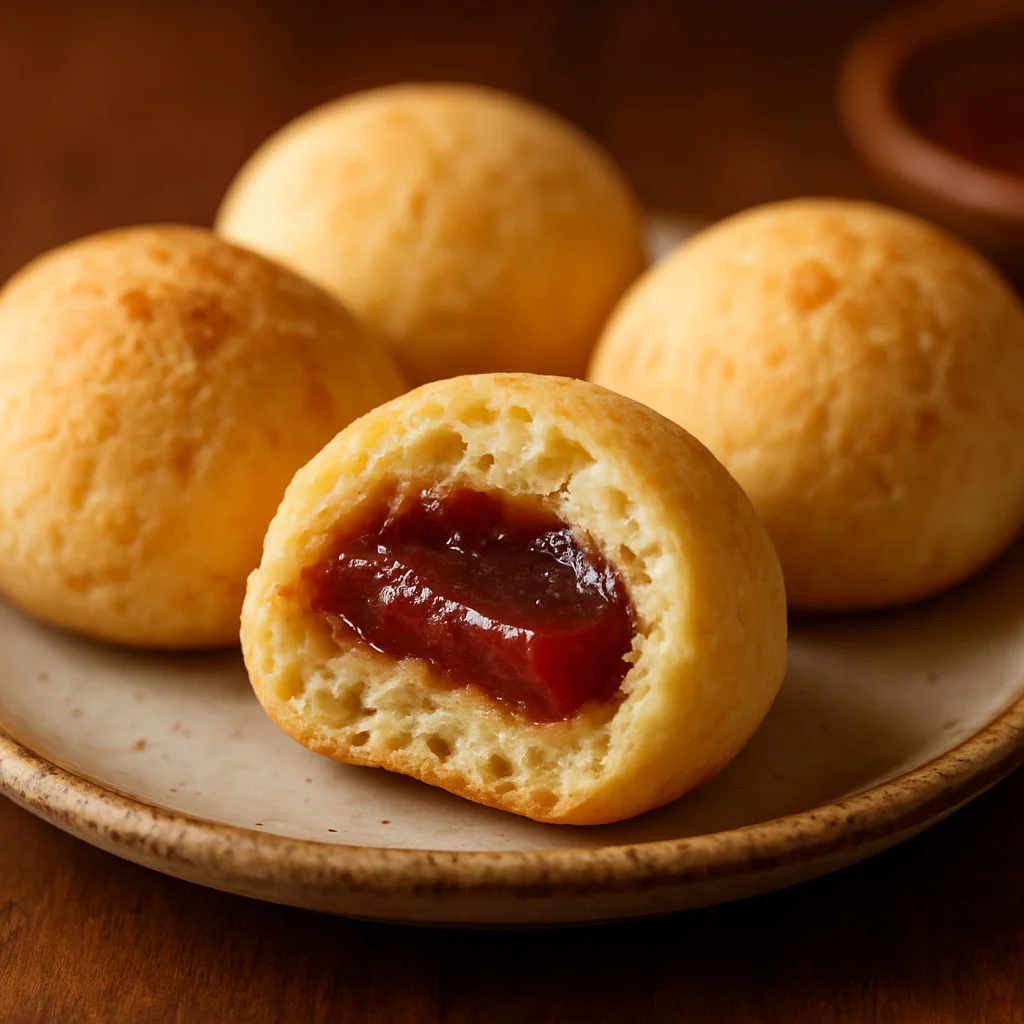 Pão de queijo recheado com goiabada em um prato pequeno
