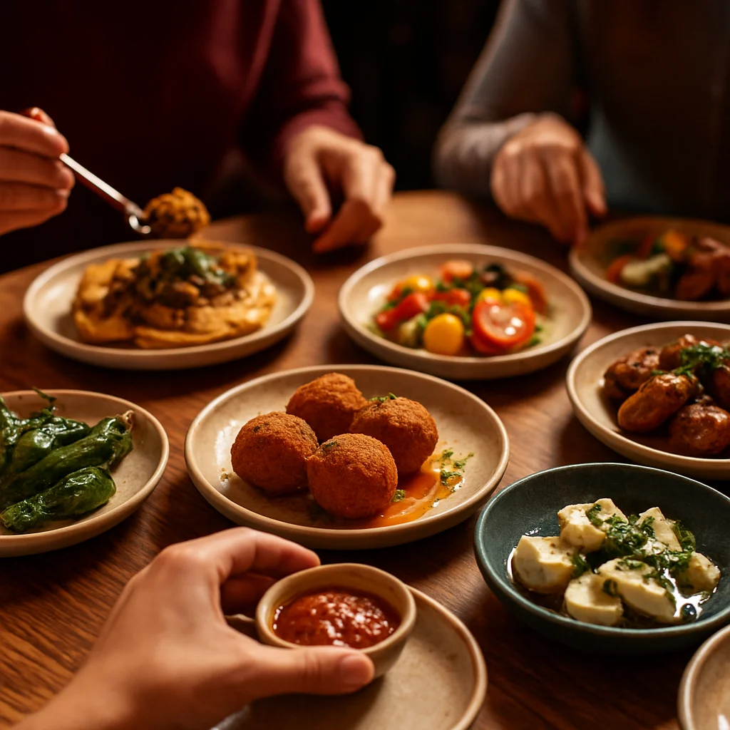 Pessoas compartilhando uma variedade de pequenas porções em um restaurante moderno