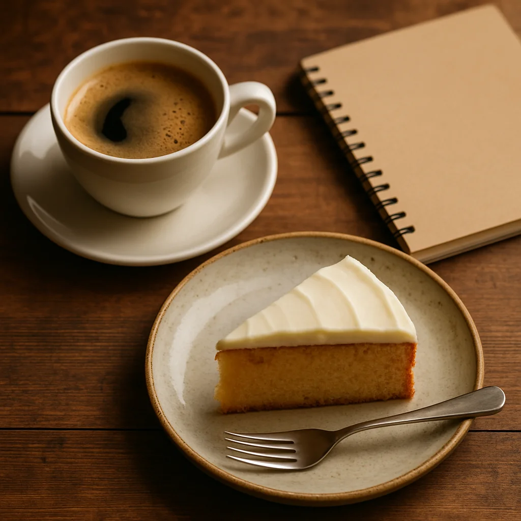Vista aérea de xícara de café, fatia de bolo e caderno em mesa rústica