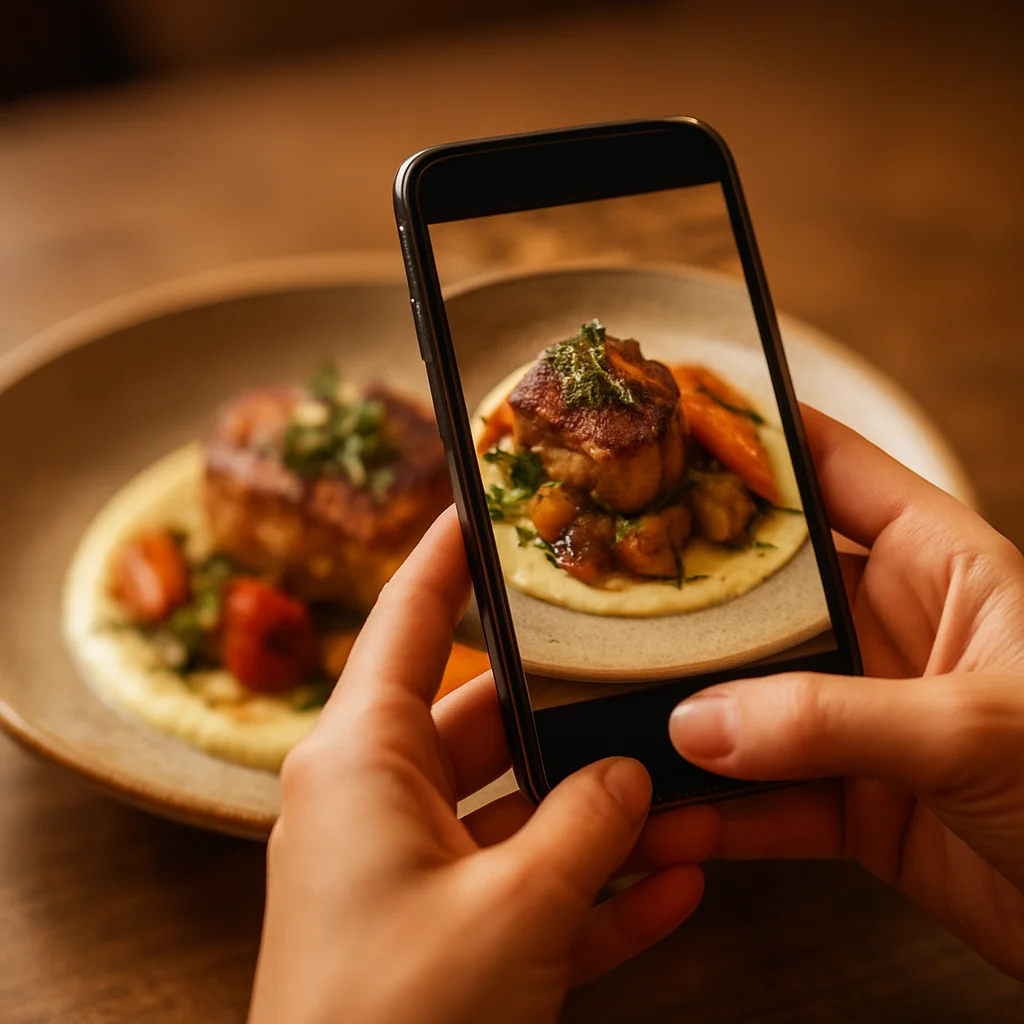 Pessoa tirando uma foto de um prato gourmet com um smartphone