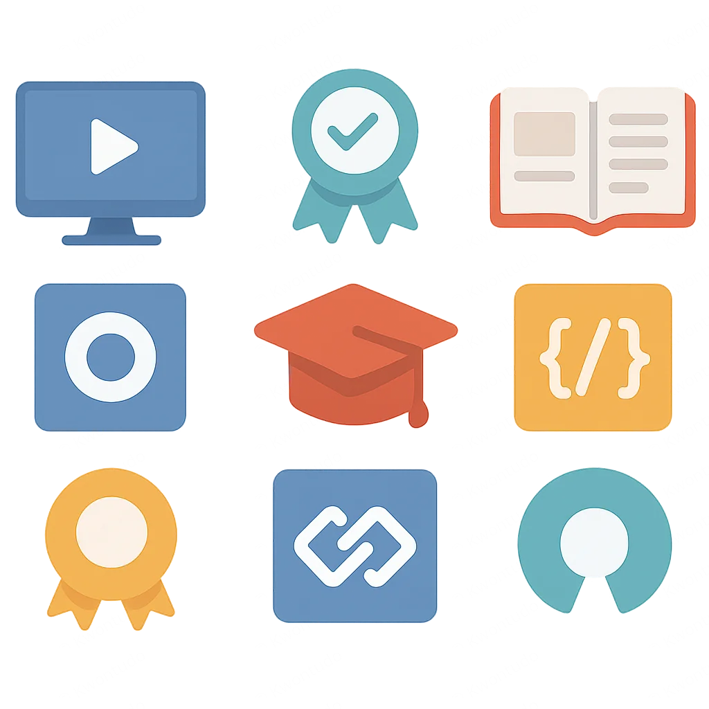Coleção de logos de cursos online e certificações representando o aprendizado contínuo.