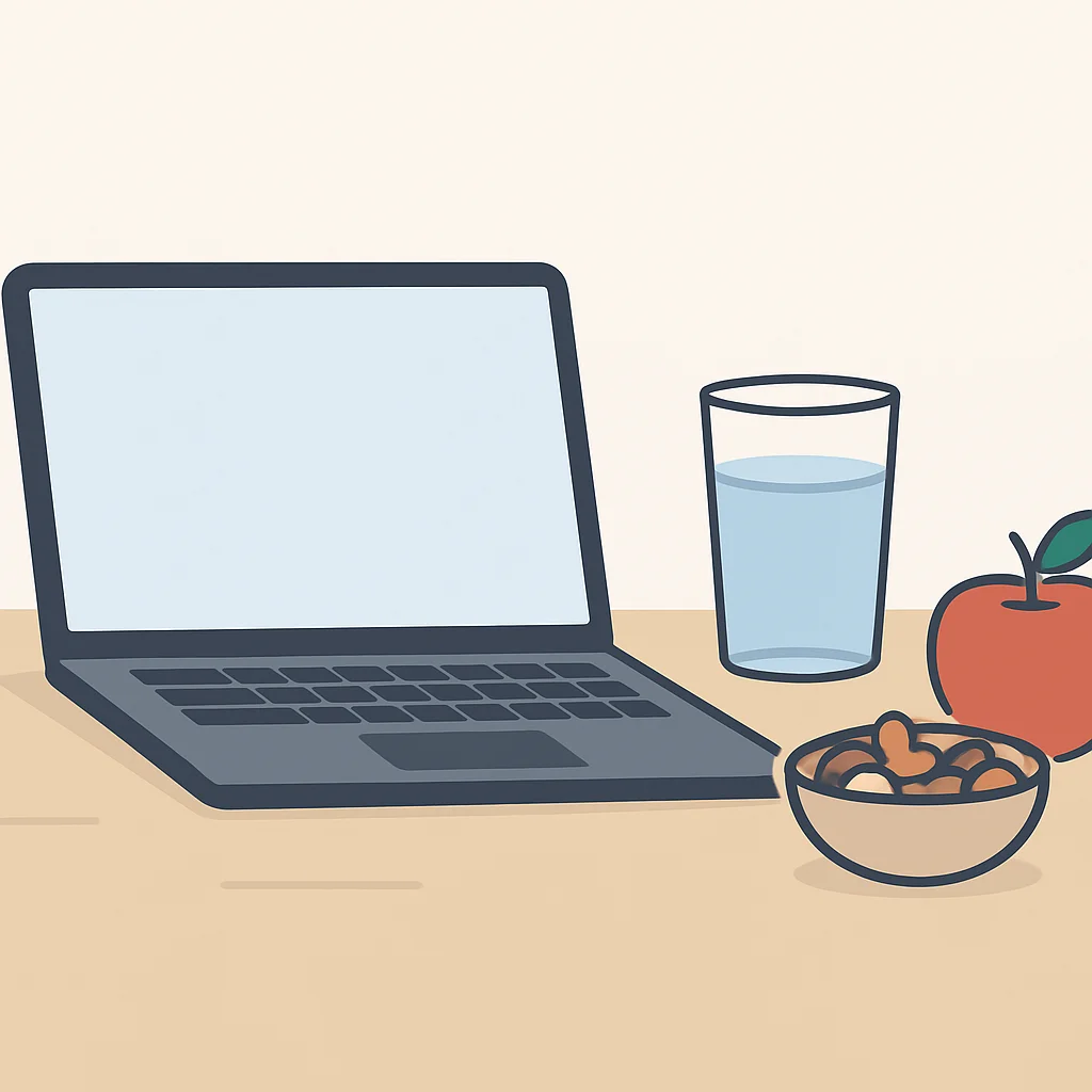 Uma mesa de trabalho com laptop, um copo d'água e uma tigela pequena de mix de castanhas e uma maçã