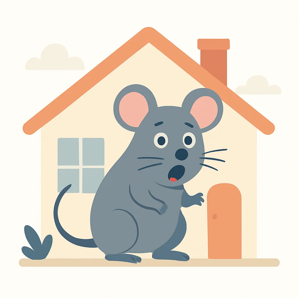 Um rato gigante dentro de uma casa, com expressão de surpresa