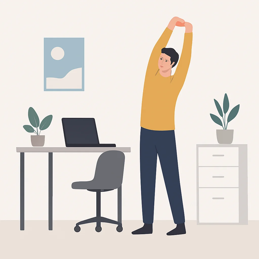 Pessoa fazendo alongamentos simples ao lado de uma mesa em um pequeno espaço de home office, mostrando requisito mínimo de espaço