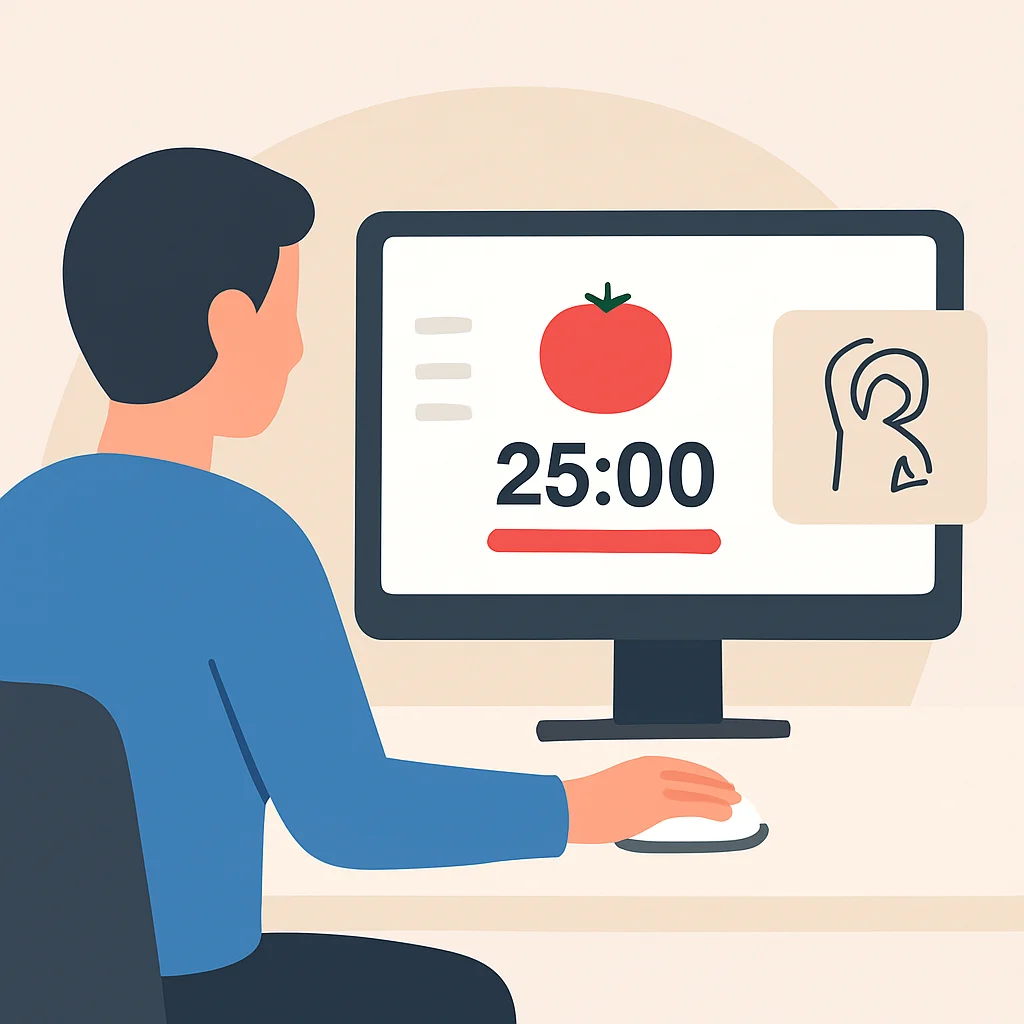 Pessoa usando um aplicativo de timer Pomodoro na área de trabalho com um pequeno ícone lembrando-a de se alongar