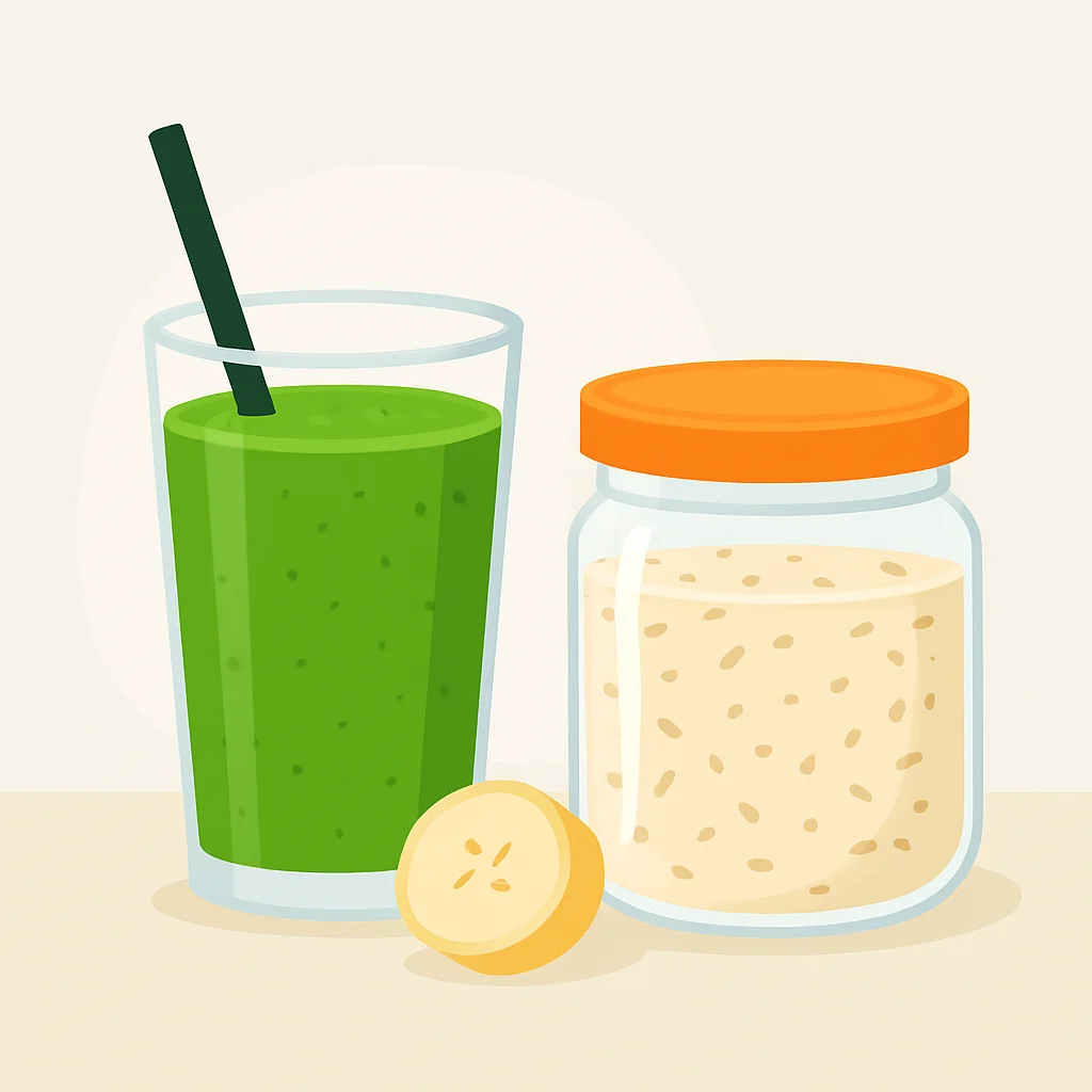 Uma imagem mostrando um smoothie verde vibrante e um pote de overnight oats, prontos para um café da manhã rápido