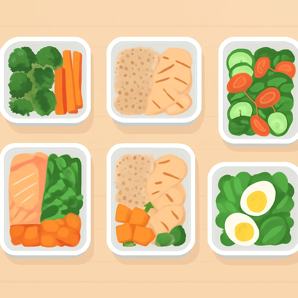 Mesa com vários potes de meal prep cheios de refeições saudáveis e porcionadas para a semana