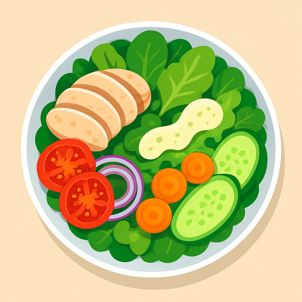 Uma tigela de salada vibrante e equilibrada com frango, folhas verdes mistas, vegetais e um molho leve