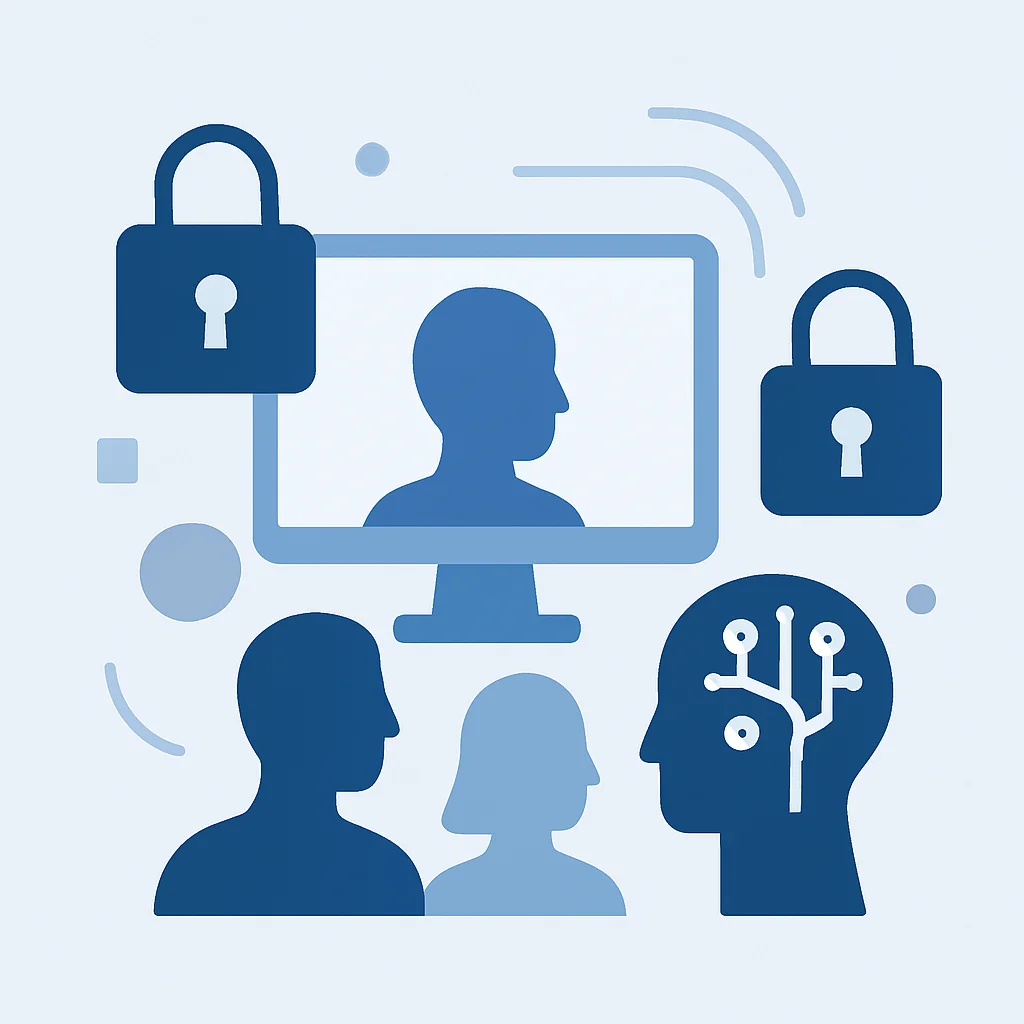 Ilustração abstrata representando privacidade de dados e IA ética com ícones de cadeado e silhuetas de pessoas