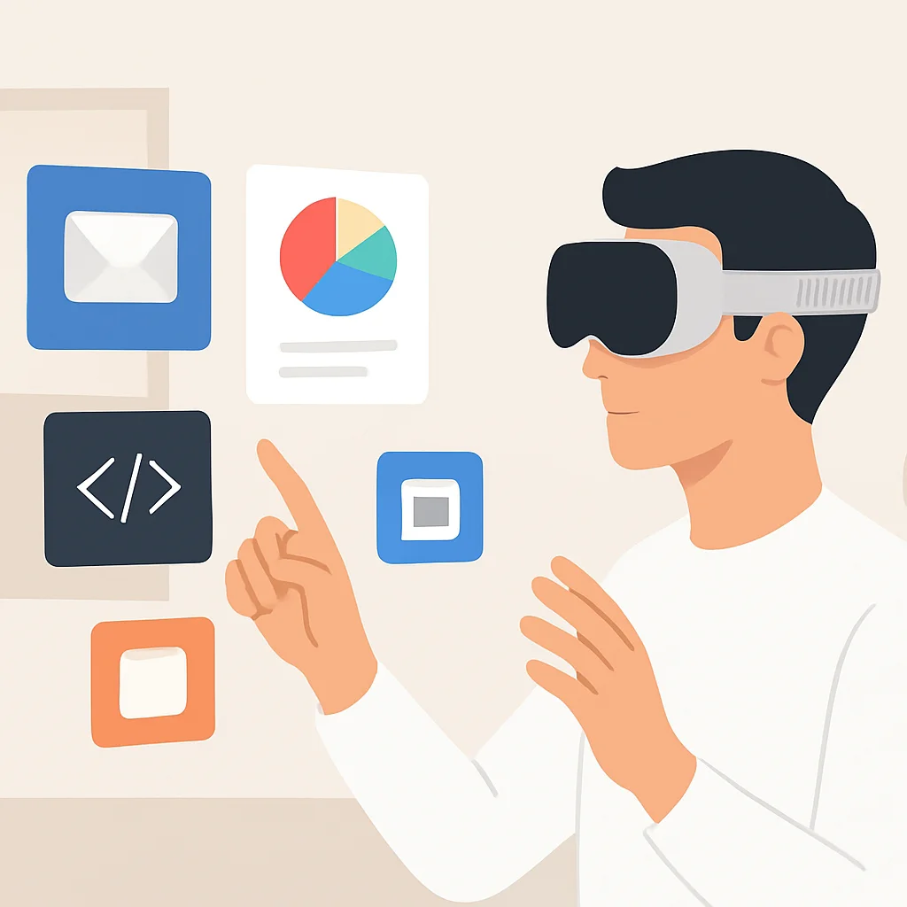 Interface do usuário do Apple Vision Pro mostrando vários aplicativos espaciais flutuando em um ambiente do mundo real, com um desenvolvedor interagindo usando gestos de olhos e mãos