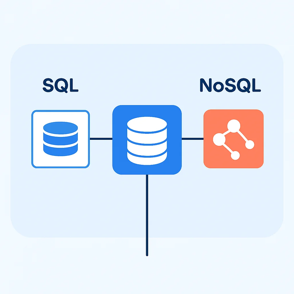 Diagrama de arquitetura mostrando uma abordagem de banco de dados híbrida com SQL para dados transacionais e NoSQL para dados analíticos e flexíveis