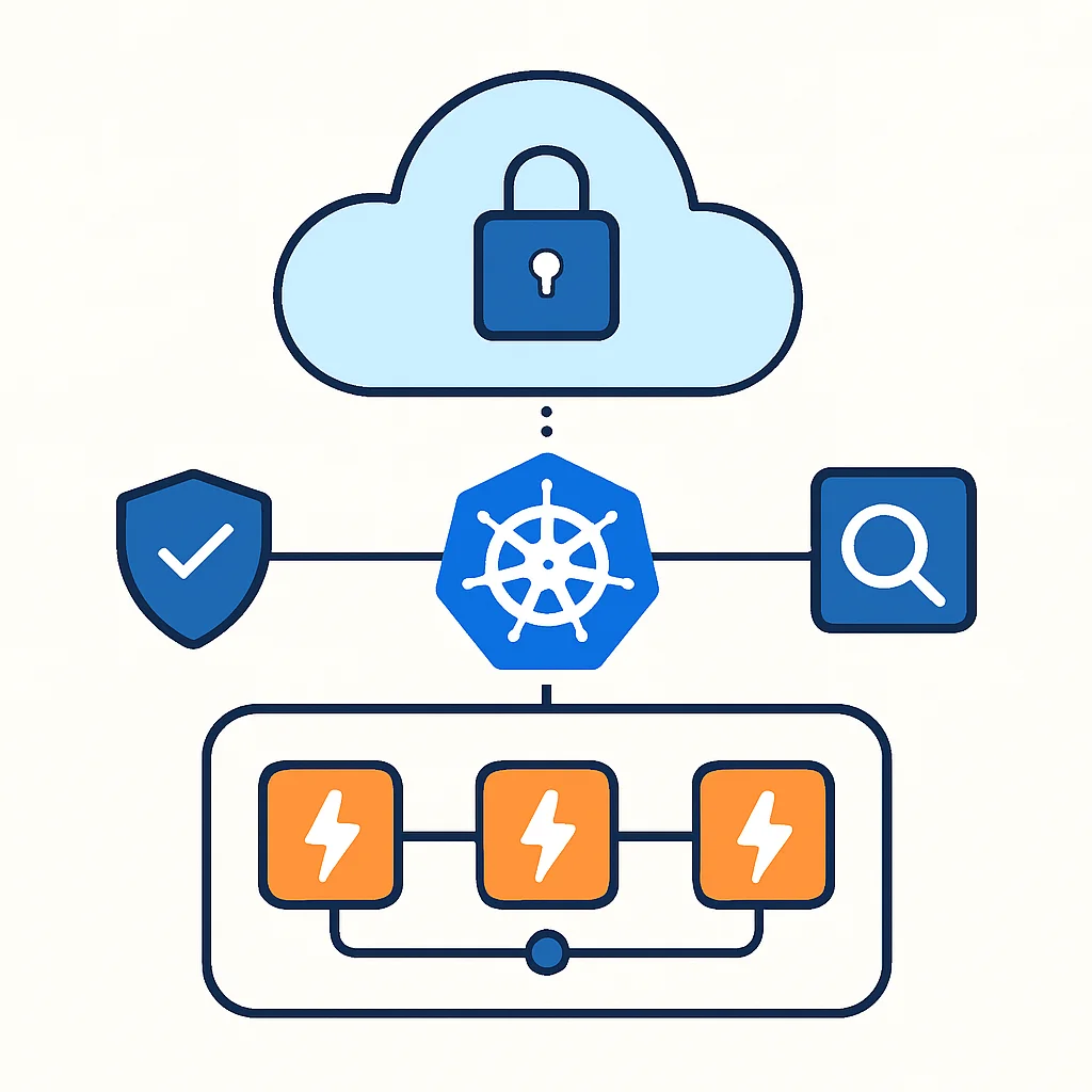 Diagrama de arquitetura de segurança cloud-native com Kubernetes e serverless