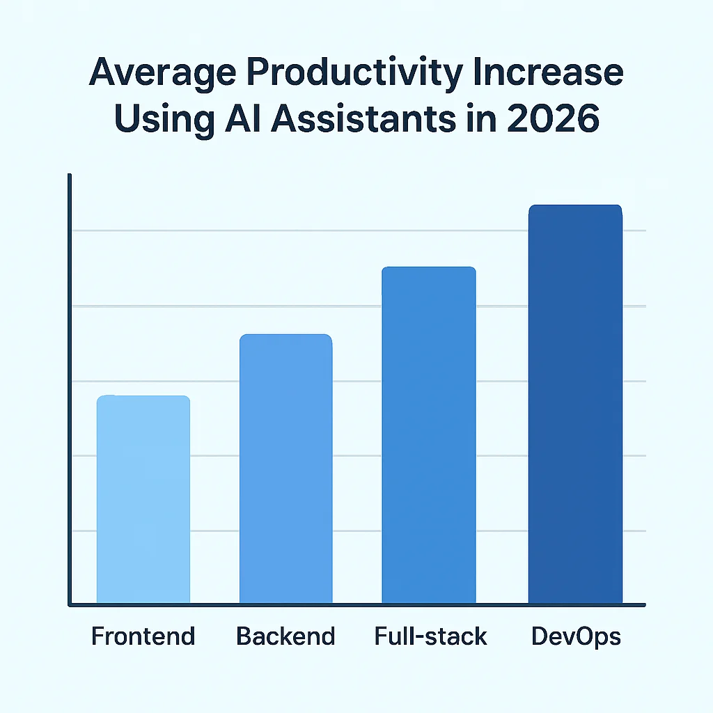 Gráfico de barras mostrando o aumento médio de produtividade em diferentes funções de desenvolvedor usando assistentes de IA em 2026