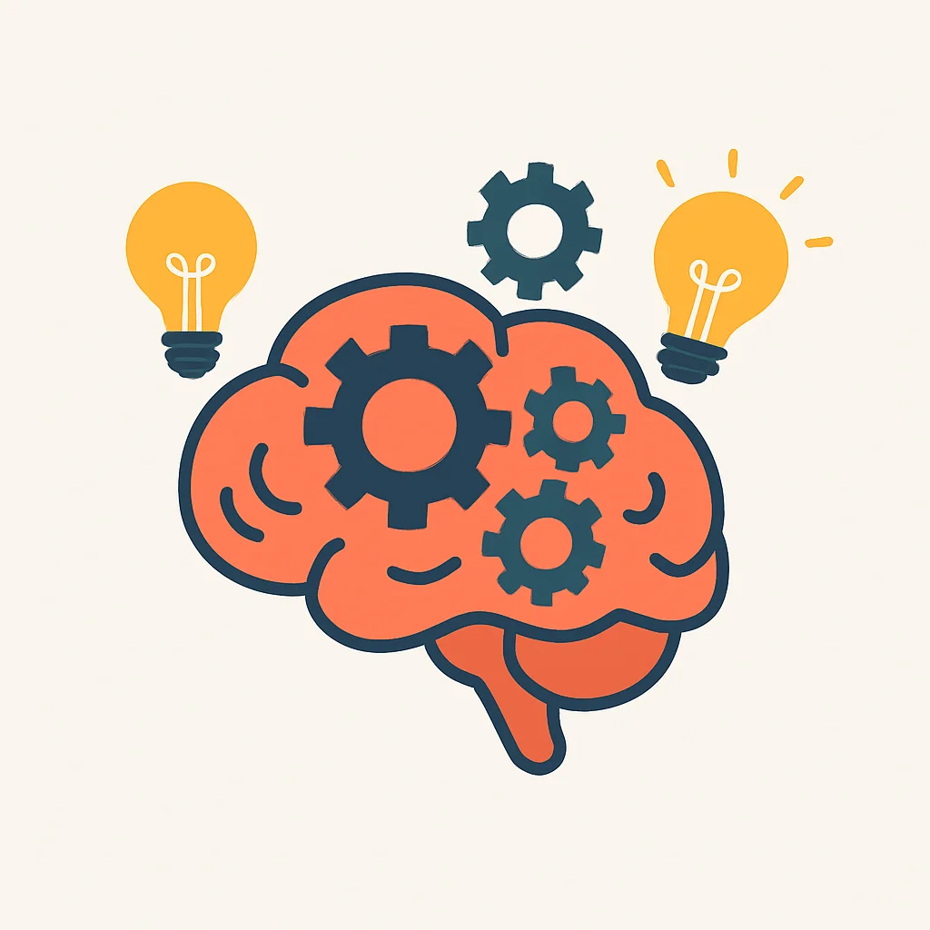 Cérebro com engrenagens e lâmpadas, simbolizando função cognitiva aprimorada e criatividade após atividade física