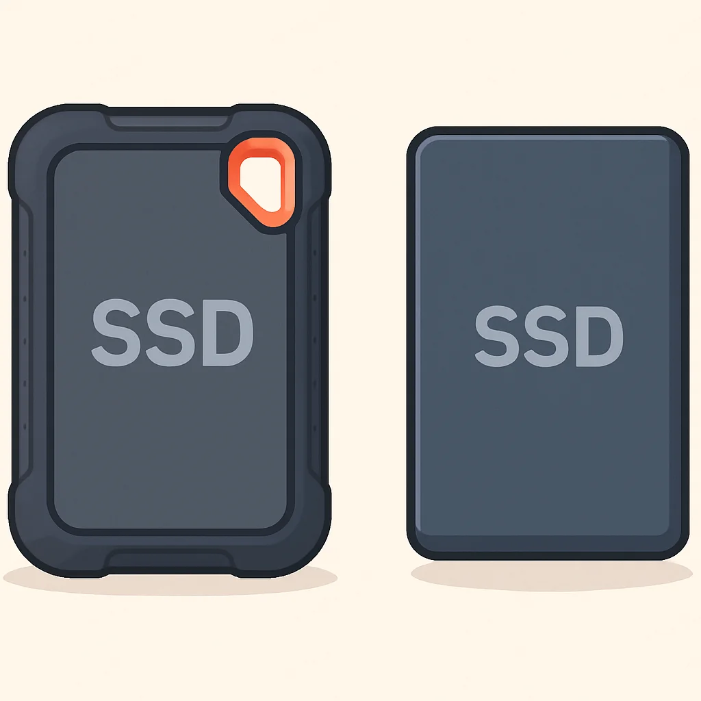 Close-up de diferentes designs de SSDs externos (resistente vs. elegante)
