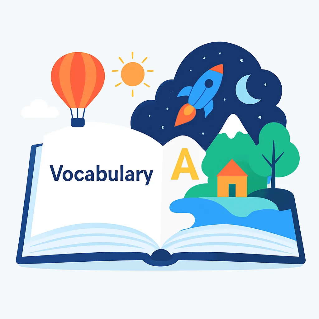 Ilustração colorida de palavras de vocabulário se transformando em cenas vívidas e imaginativas