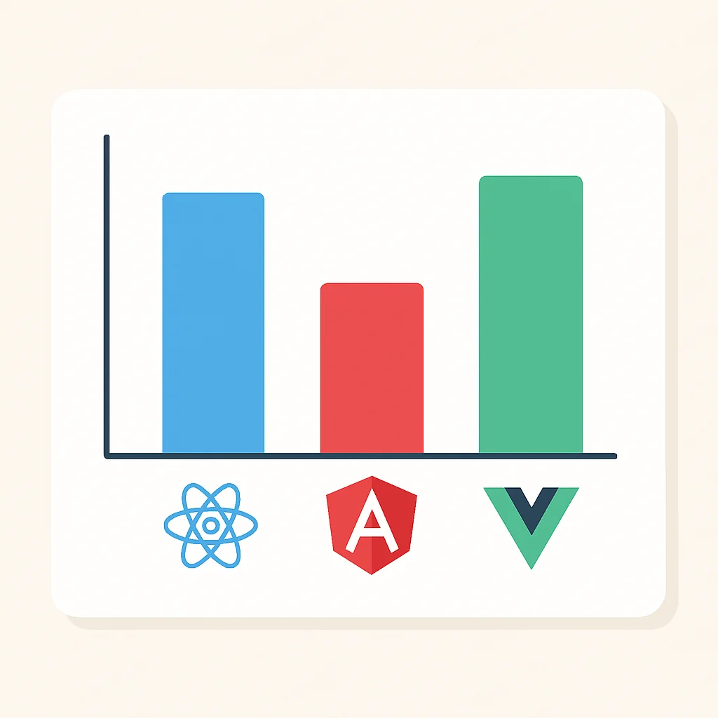 Gráfico comparativo de benchmarks de desempenho de React, Angular e Vue.js