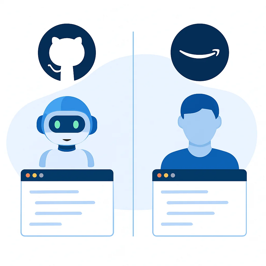 Diagrama comparativo de recursos e integrações do GitHub Copilot e Amazon CodeWhisperer