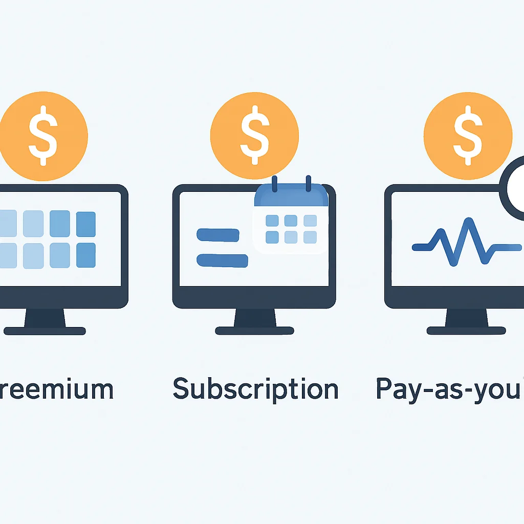 Gráfico comparativo de modelos de monetização para produtos SaaS incluindo freemium, assinatura e pagamento por uso