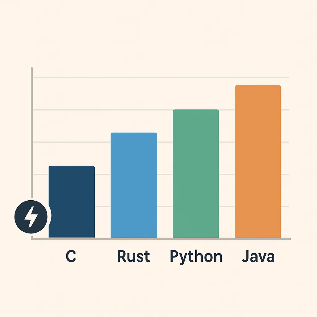Tabela comparativa do consumo de energia para diferentes linguagens de programação (ex: C, Rust, Python, Java) para uma tarefa comum