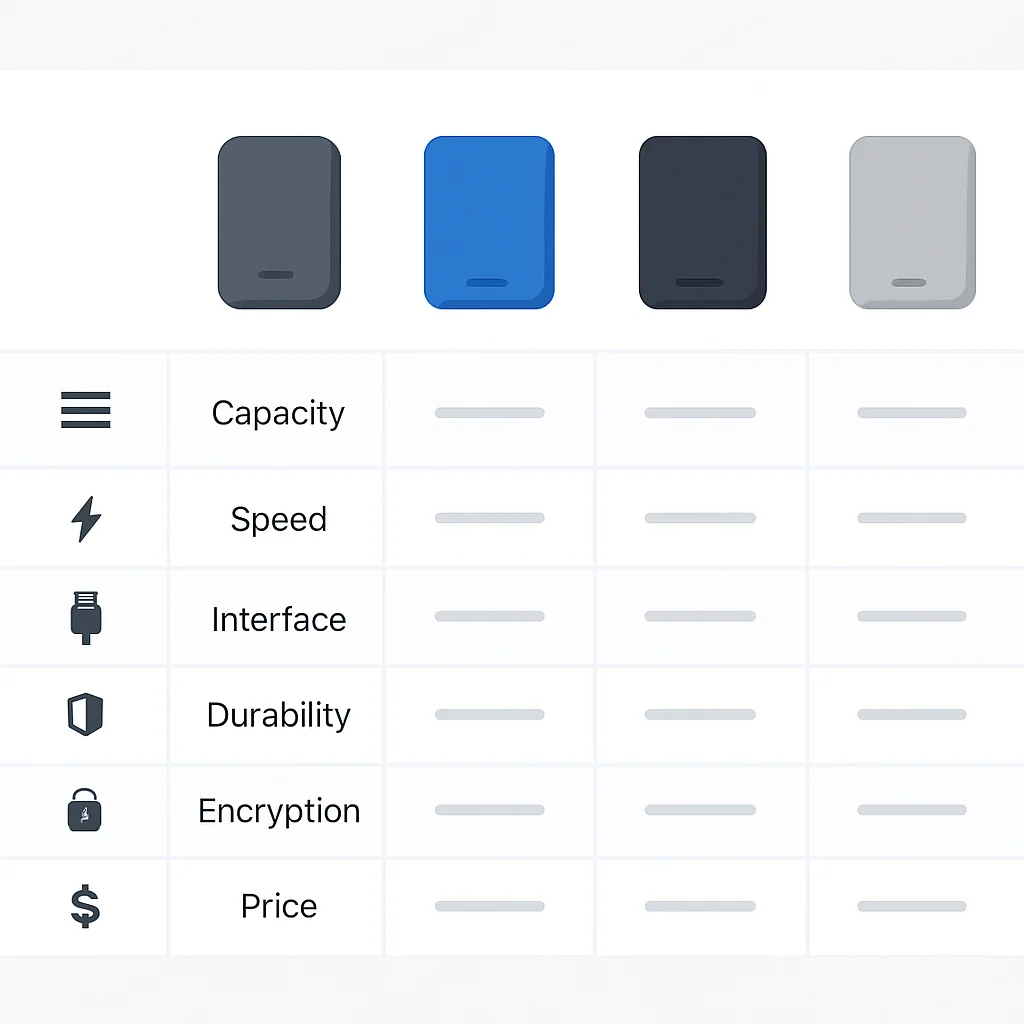Tabela comparativa de 3-4 modelos de SSDs externos com especificações chave como capacidade, velocidade, interface, durabilidade, criptografia e preço estimado