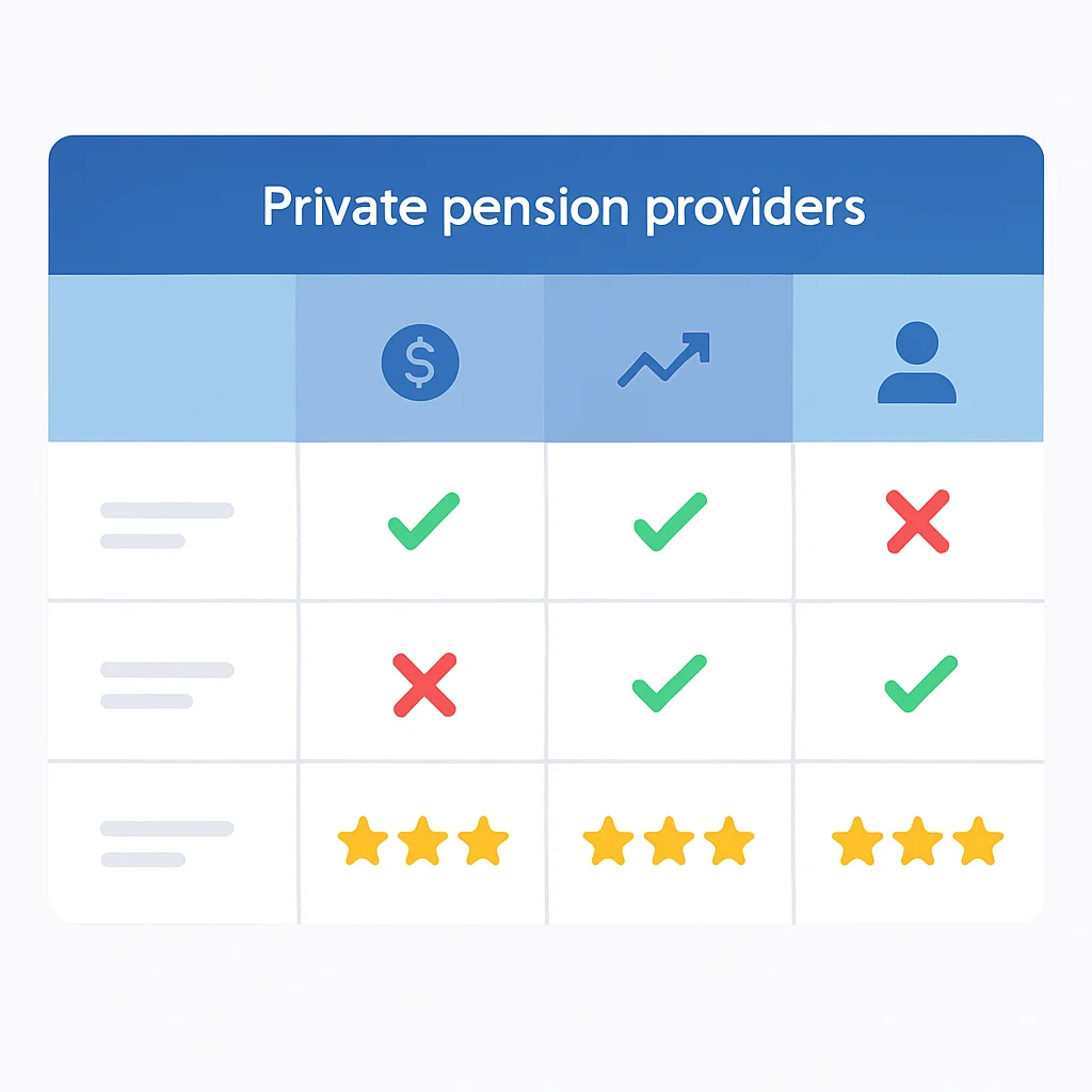 Tabela comparativa de diferentes provedores de previdência privada mostrando taxas, desempenho de fundos e avaliações de clientes
