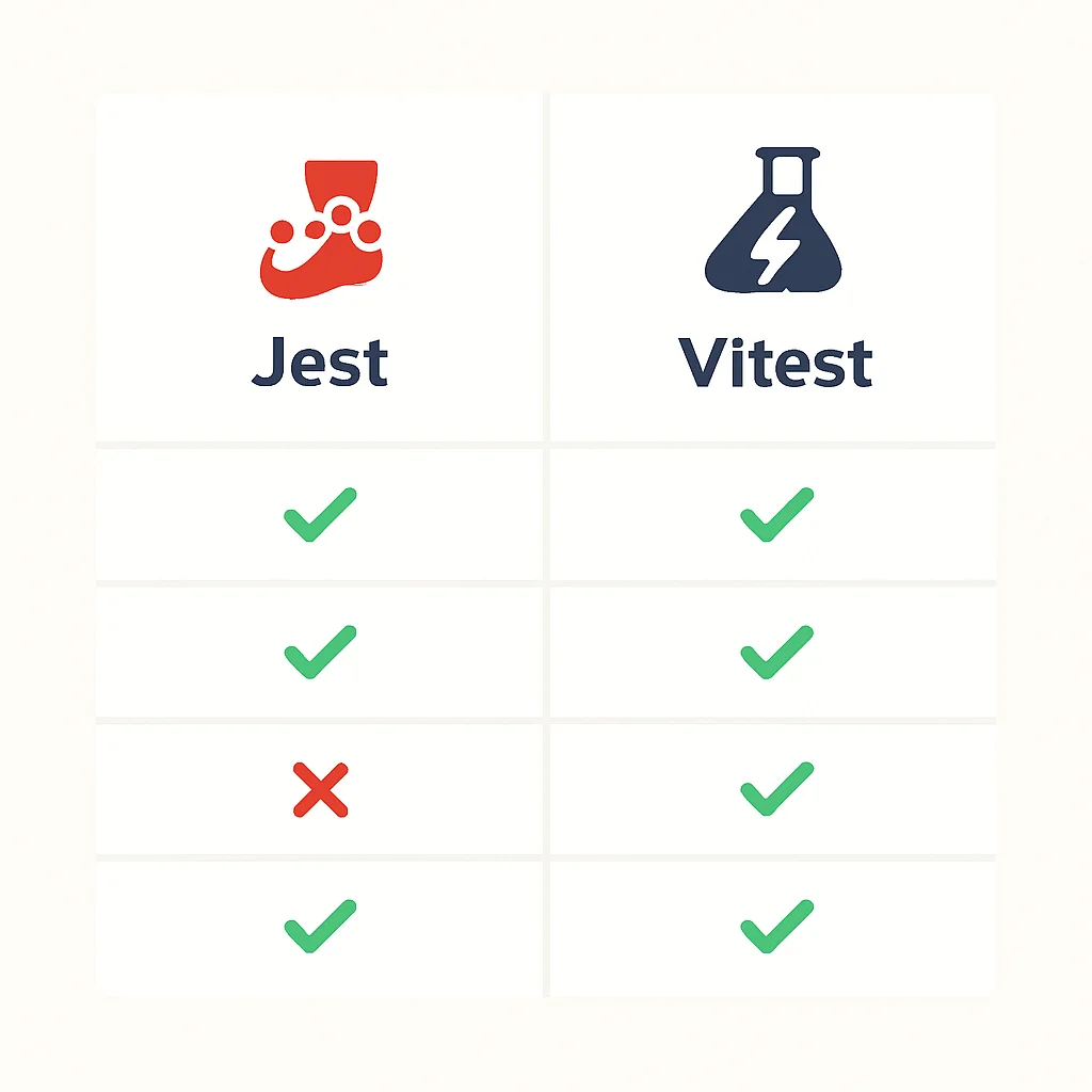 Tabela comparativa de Jest vs Vitest em desempenho e funcionalidades