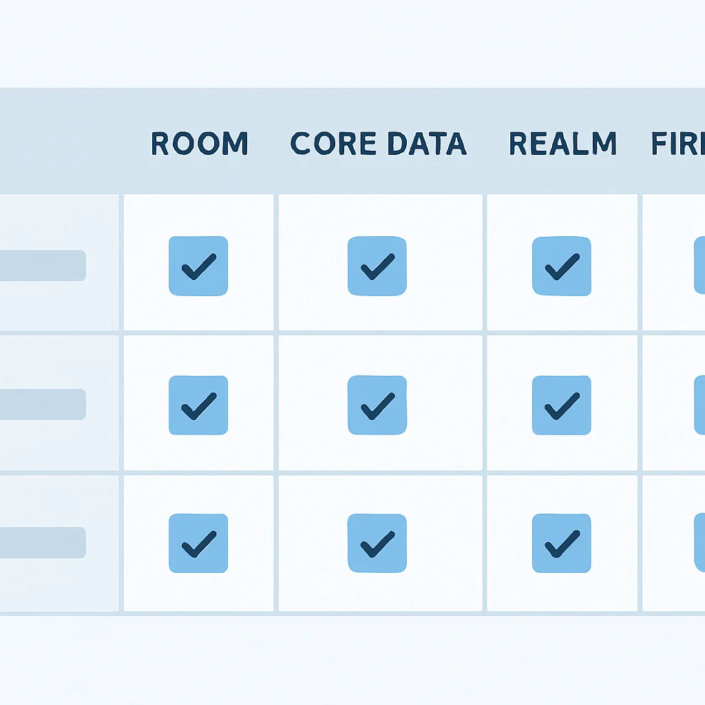 Tabela comparativa de opções de persistência de dados mobile como Room, Core Data, Realm e Firestore offline