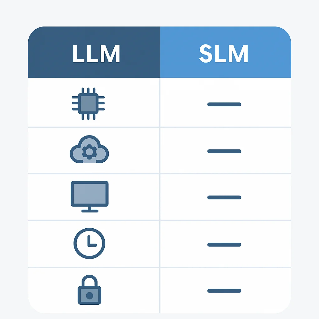 Tabela comparativa de características de LLMs vs SLMs em 2026