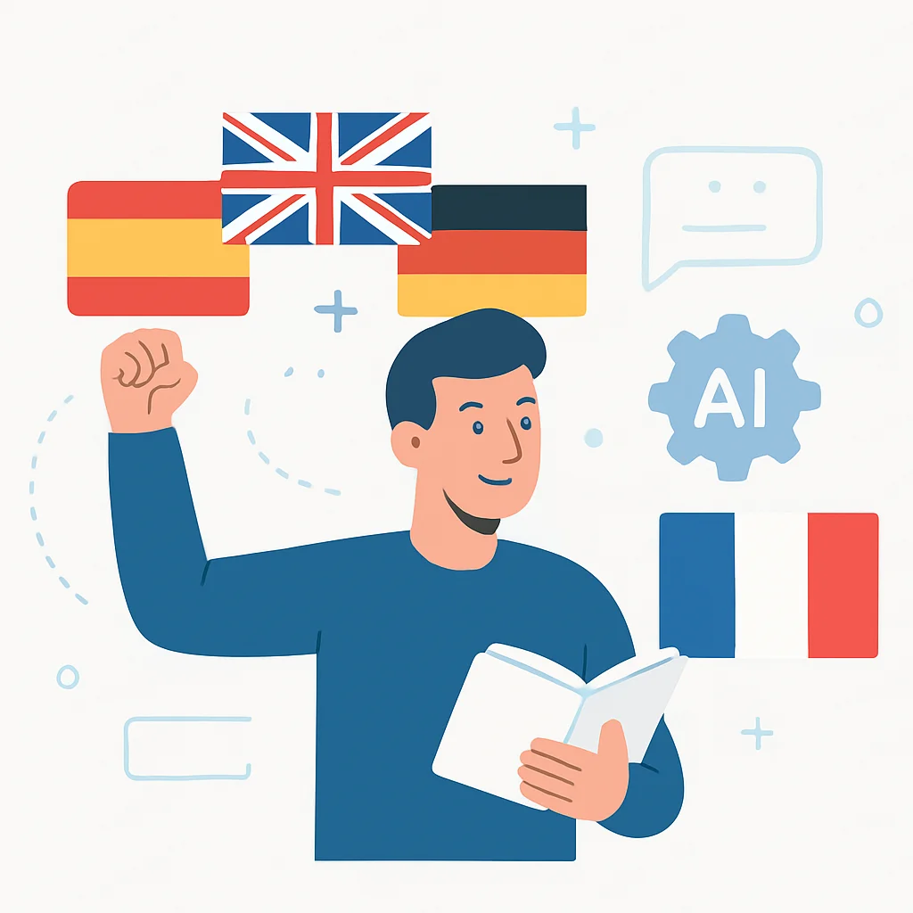 Imagem conceitual de uma pessoa alcançando fluência em idiomas, com diversas bandeiras e elementos de IA ao fundo, simbolizando a comunicação global