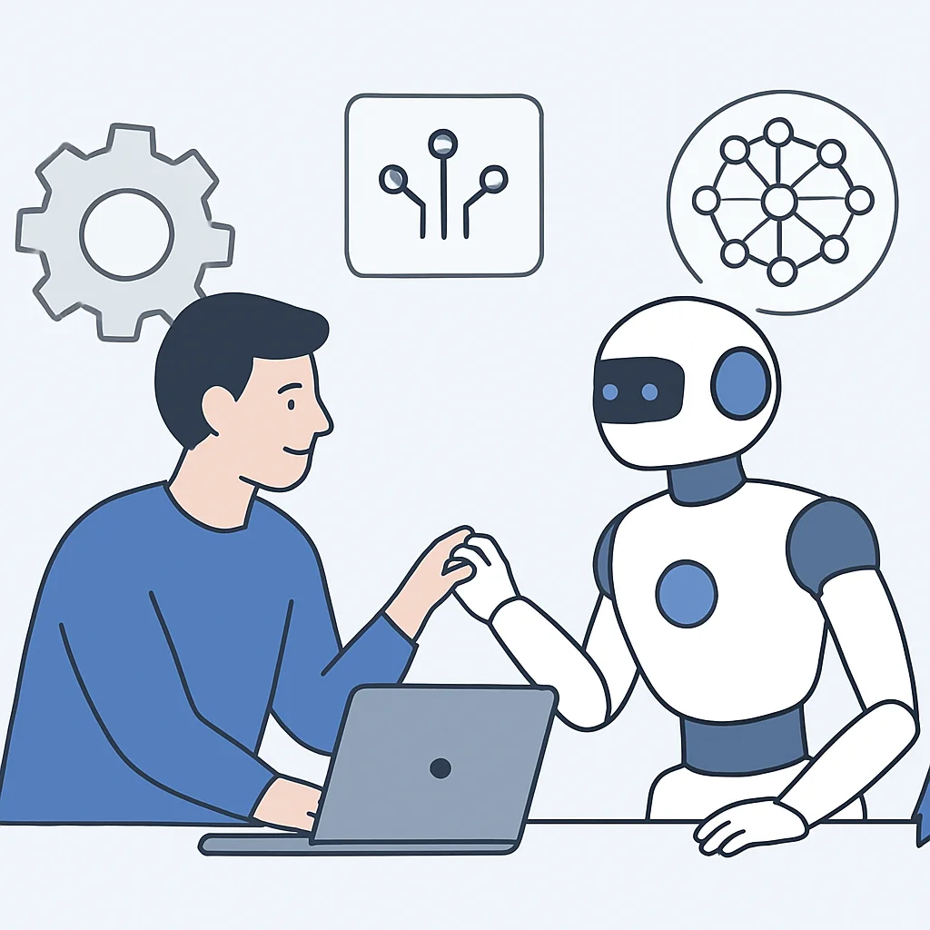 Imagem conceitual do futuro do desenvolvimento de IA com ferramentas avançadas e colaboração humano-IA