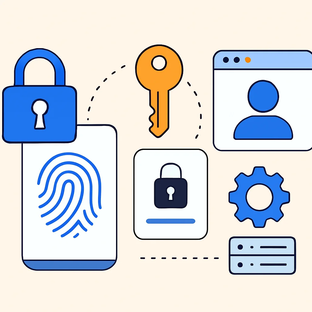Imagem conceitual mostrando o futuro da cibersegurança com autenticação biométrica, passkeys e sistemas integrados de gerenciamento de segredos, simbolizando a segurança avançada de credenciais para desenvolvedores.